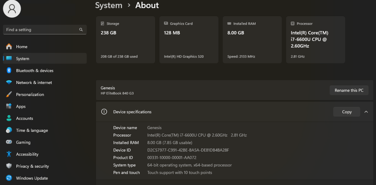 Device specifications with processor and RAM on a Kenyan Windows 10 laptop specs