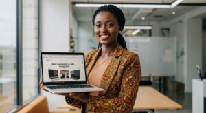 An image of a woman holding a laptop suggesting they are holding the best laptops in kenya